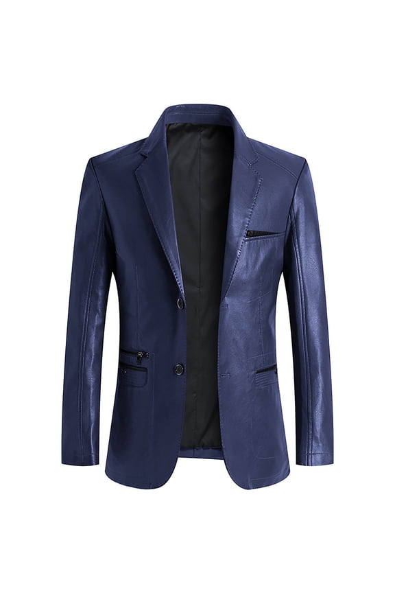 Men's Regular Fit Button Down Lined Business Lambskin Leather Jacket Blazer with Pockets Navy L