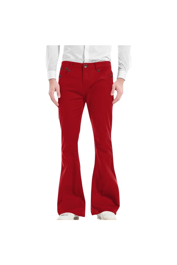 Men's Relaxed Vintage 60s 70s Bell Bottom Jeans Pants Stretch Fit Classic Comfort Flared Flares Retro Leg Disco Denim Jeans Pants Red S