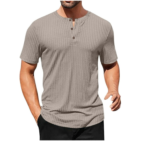 CHEEREAM Men's Ribbed Henley Shirt Slim Fit Muscle Shirt Fitted Cotton Short Sleeve Casual T-Shirt Gray 3XL