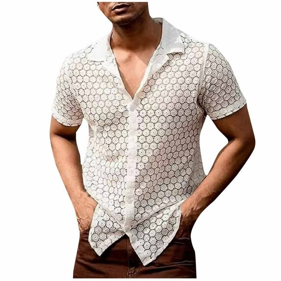 CHEEREAM Men's Sheer Openwork Shirts Short Sleeve Button Down Blouse Casual Collared Beach Summer Tops White XL