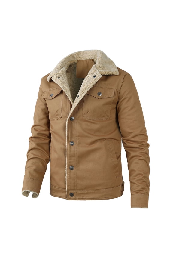 Men's Sherpa Jacket Winter Fleece Lined Cargo Coat Warm Trucker Jacket with Multi Pockets Thick Thermal Outerwear Yellow XXL