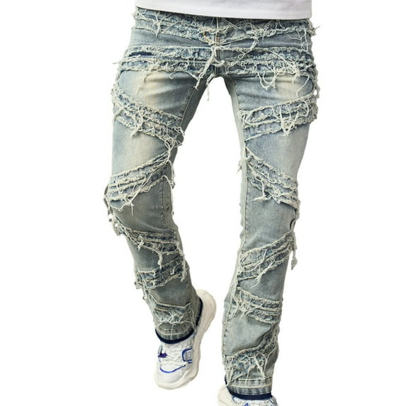 CHEEREAM Men's Stacked Jeans Ripped Jeans Patch Distressed Destroyed Denim Trousers Streetwear Men Regular Fit Pants Light Blue L