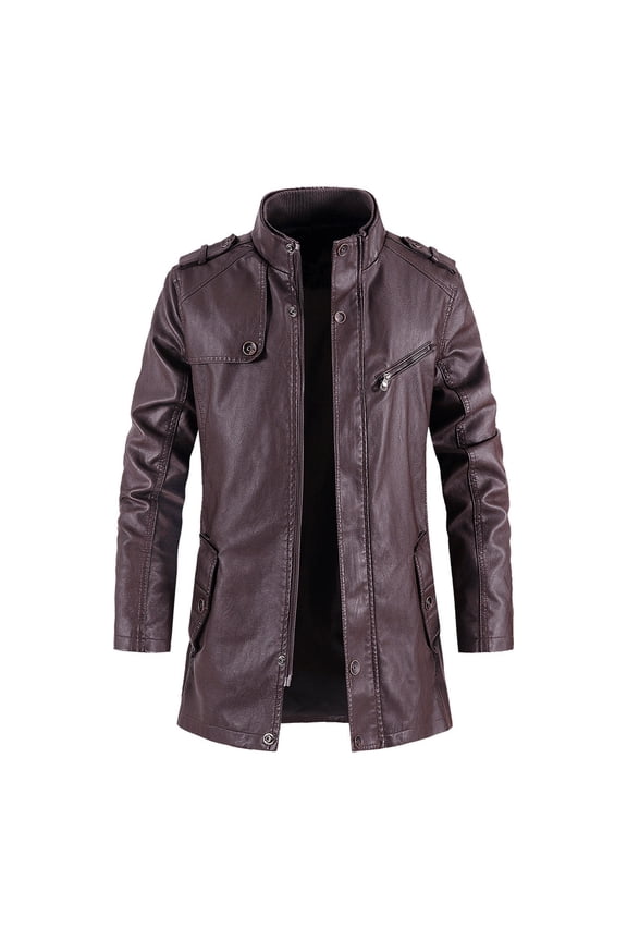 Men's Stand Collar Leather Jacket Motorcycle Lightweight Faux Leather Outwear Regular Fit Button Down Leather Jacket Coffee S