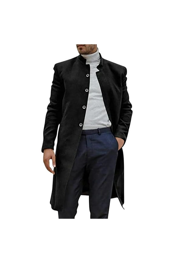 Men's Stand Collar Single Breasted Long Walking Coat Woolen Overcoat Solid Color Long Sleeved Casual Trench Black L