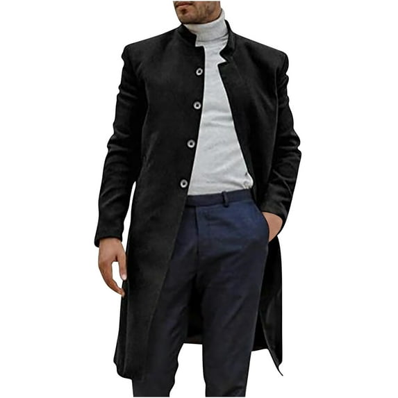 CHEEREAM Men's Stand Collar Single Breasted Long Walking Coat Woolen Overcoat Solid Color Long Sleeved Casual Trench Black S