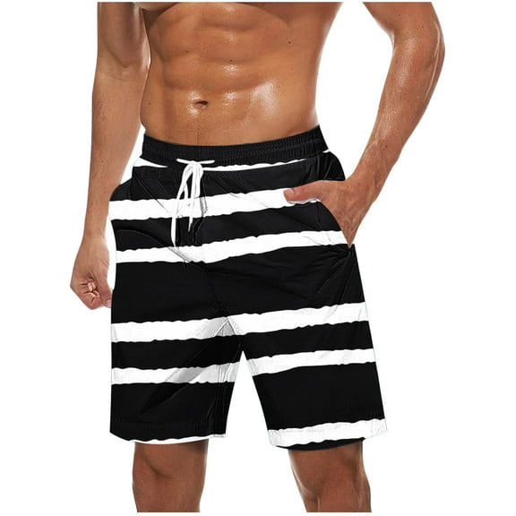 CHEEREAM Men's Swim Trunks Beachwear Outdoor Quick Dry Striped Print Drawstring Board Short with Pockets Black 2XL