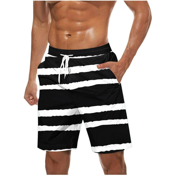 CHEEREAM Men's Swim Trunks Beachwear Outdoor Quick Dry Striped Print Drawstring Board Short with Pockets Black L