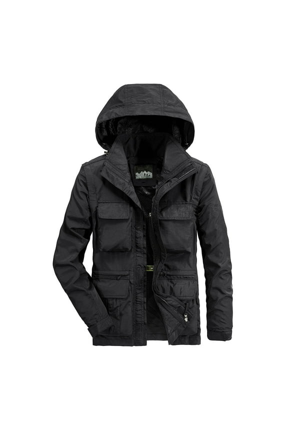 Men's Tactical Jacket Military Waterproof Rain Jacket Breathable Hooded Windbreaker Raincoat Multi Pockets Black L