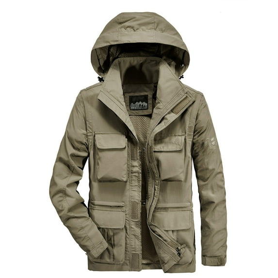 CHEEREAM Men's Tactical Jacket Military Waterproof Rain Jacket Breathable Hooded Windbreaker Raincoat Multi Pockets Khaki 3XL