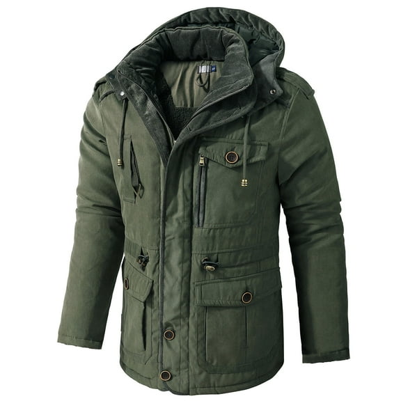 CHEEREAM Men's Thick Winter Jackets with Hood Fleece Lining Cotton Military Jackets Work Jackets with Cargo Pockets Outwear Army Green S