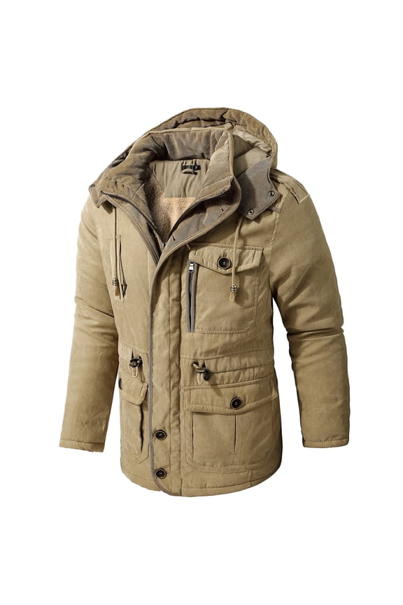 Men's Thick Winter Jackets with Hood Fleece Lining Cotton Military Jackets Work Jackets with Cargo Pockets Outwear Khaki L