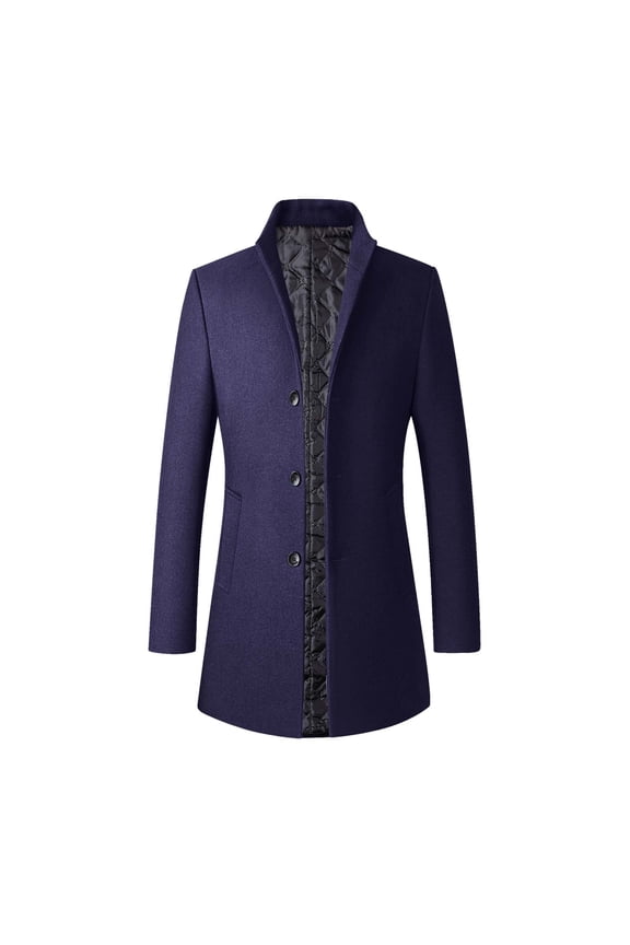 Men's Trench Coat Wool Blend Slim Fit Top Coat Single Breasted Business Overcoat Stand Collar Solid Color Coats with Pockets Navy M