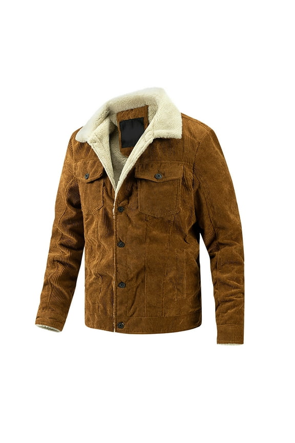 Men's Vintage Fleece Sherpa Lined Corduroy Denim Trucker Jackets Lapel Button Down Thickened Winter Coats Brown M