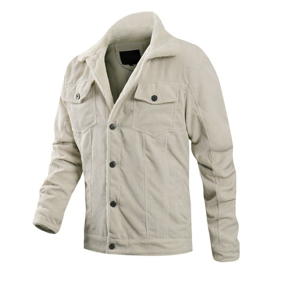 CHEEREAM Men's Vintage Fleece Sherpa Lined Corduroy Denim Trucker Jackets Lapel Button Down Thickened Winter Coats White XXL