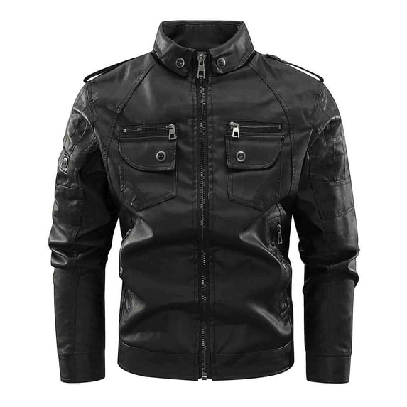 CHEEREAM Men's Vintage Stand Collar Leather Jacket Motorcycle PU Jacket and Coat with Pockets Black L