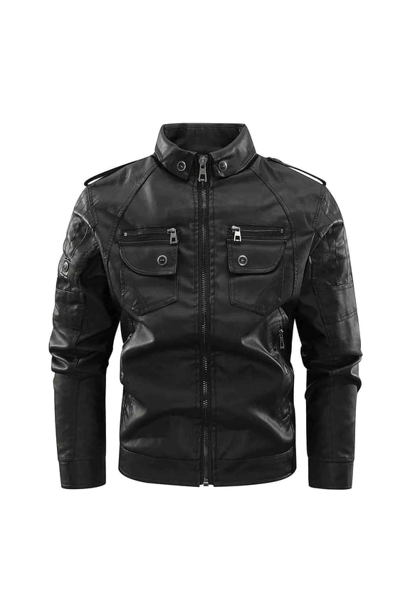 Men's Vintage Stand Collar Leather Jacket Motorcycle PU Jacket and Coat with Pockets Black M