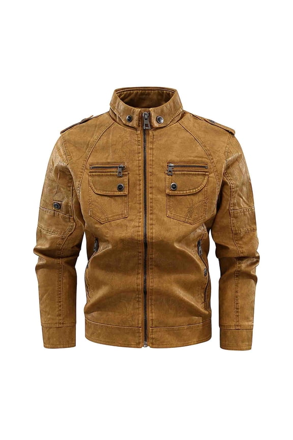 Men's Vintage Stand Collar Leather Jacket Motorcycle PU Jacket and Coat with Pockets Yellow M