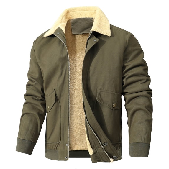CHEEREAM Men's Winter Jacket Thick Thermal Cotton Warm Fleece Lined Coat Trucker Lapel Work Cargo Jackets for Men Army Green S