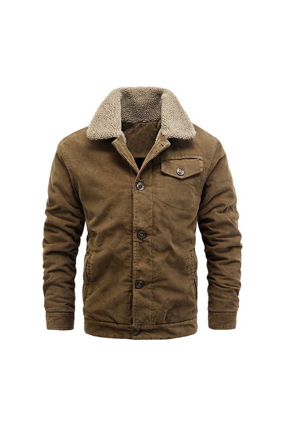 Men's Winter Jacket Thick Thermal Cotton Warm Fleece Lined Coat Trucker Lapel Work Cargo Jackets for Men Coffee M