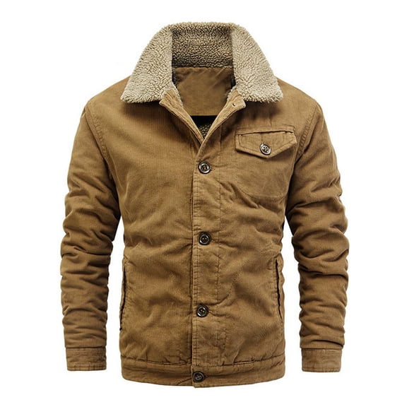 CHEEREAM Men's Winter Jacket Thick Thermal Cotton Warm Fleece Lined Coat Trucker Lapel Work Cargo Jackets for Men Khaki XL
