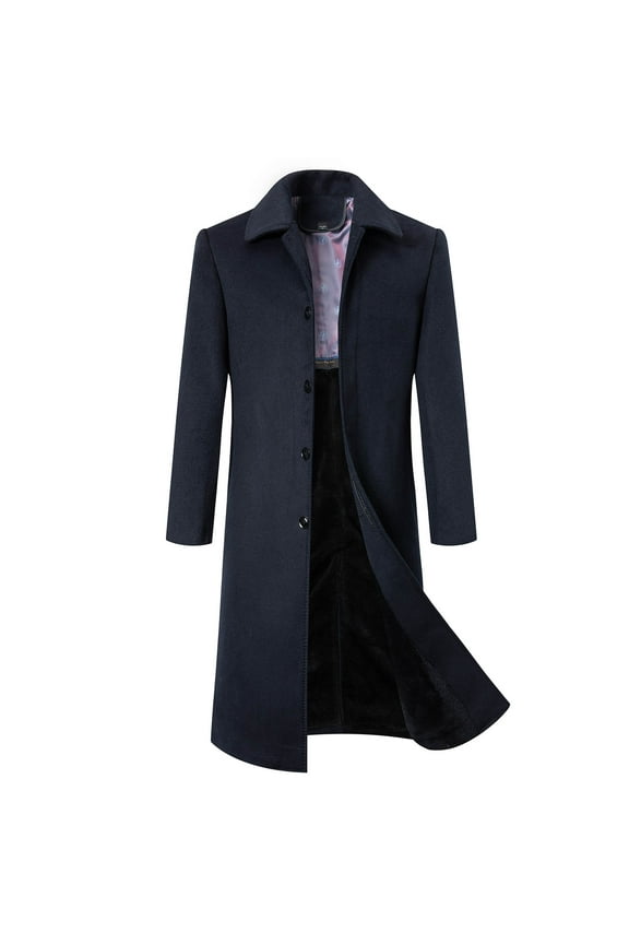 Men's Wool Blend Pea Coat Full Length Overcoat Single Breasted Notch Lapel Long Coat Windproof Fall Winter Clothes Navy L