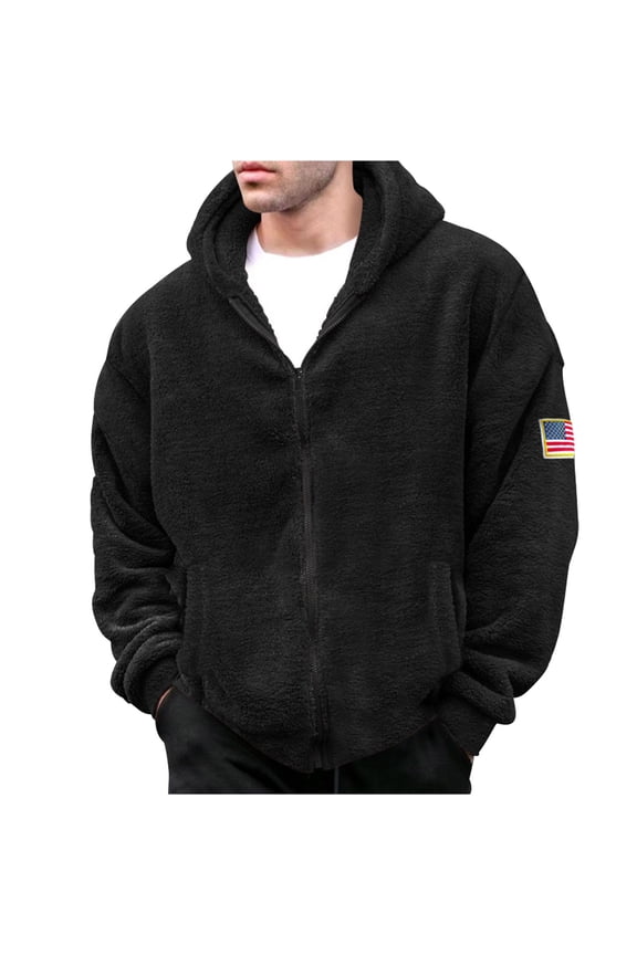 Mens American Flag Jacket Fuzzy Sherpa Jackets Hooded Fleece Cardigans Long Sleeve Full Zip Hoodies Thermal Coat Outwear with Pockets Black XXL