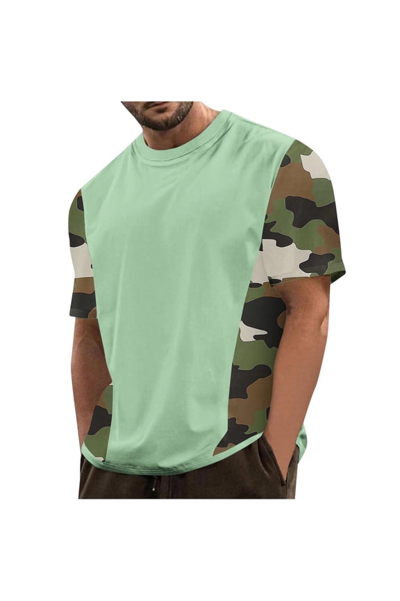 Mens Camo Short Sleeve Shirts Oversized Color Block Outdoor Fashion Tees Trendy 2025 Blouse T Shirt