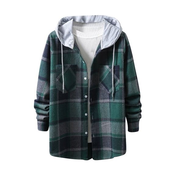 CHEEREAM Mens Casual Flannel Plaid Hoodies Fall Fashion Button Down Shirts Long Sleeve Cute Lightweight Jacket Coats Green L