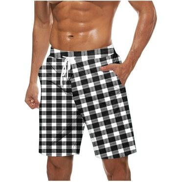CHEEREAM Mens Casual Plaid Shorts Elastic Waist Drawstring Loose Fit Summer Beach Vacation Shorts with Pockets Black 2XL