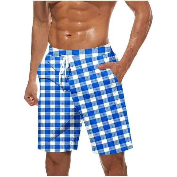 CHEEREAM Mens Casual Plaid Shorts Elastic Waist Drawstring Loose Fit Summer Beach Vacation Shorts with Pockets Blue 5XL