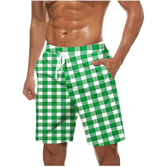CHEEREAM Mens Casual Plaid Shorts Elastic Waist Drawstring Loose Fit Summer Beach Vacation Shorts with Pockets Mint Green L