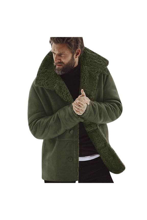 Mens Casual Sherpa Fleece Lined Jackets Winter Warm Fur Collar Long Trench Coats Big and Tall Outwears Green M