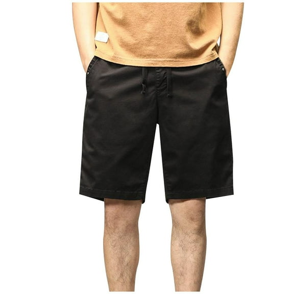 CHEEREAM Mens Casual Summer Shorts with Drawstring Elastic Waist Slim Skinny Fit Flat Front Twill Cotton Black L
