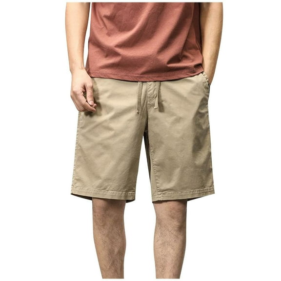 CHEEREAM Mens Casual Summer Shorts with Drawstring Elastic Waist Slim Skinny Fit Flat Front Twill Cotton Khaki L