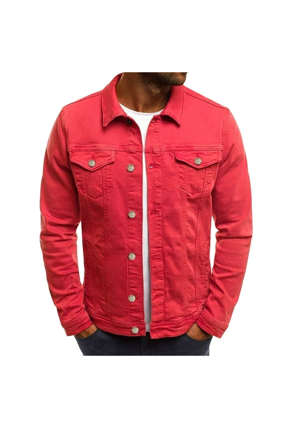 Mens Denim Jacket, Washed Ripped Distressed Flex Stretch Casual Slim Fit Trucker Biker Jeans Jacket for Men Red L