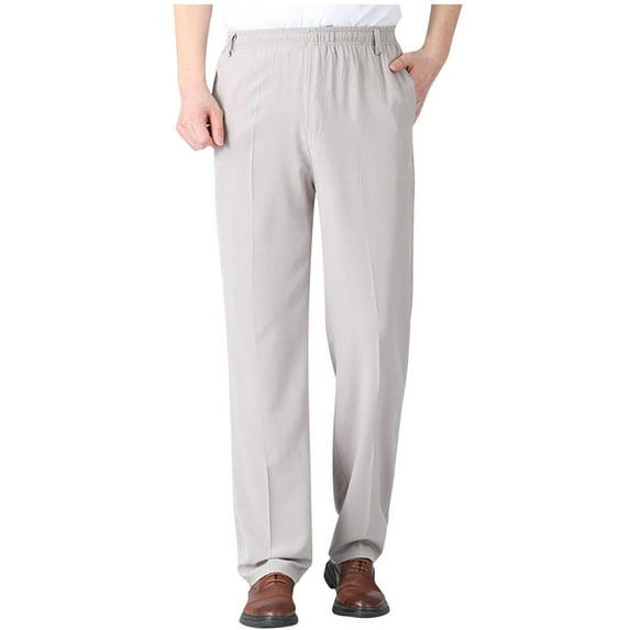 CHEEREAM Mens Elastic Waist Pants for Seniors High Stretch Expandable Waist Slaks for Elderly with Pockets Gray M