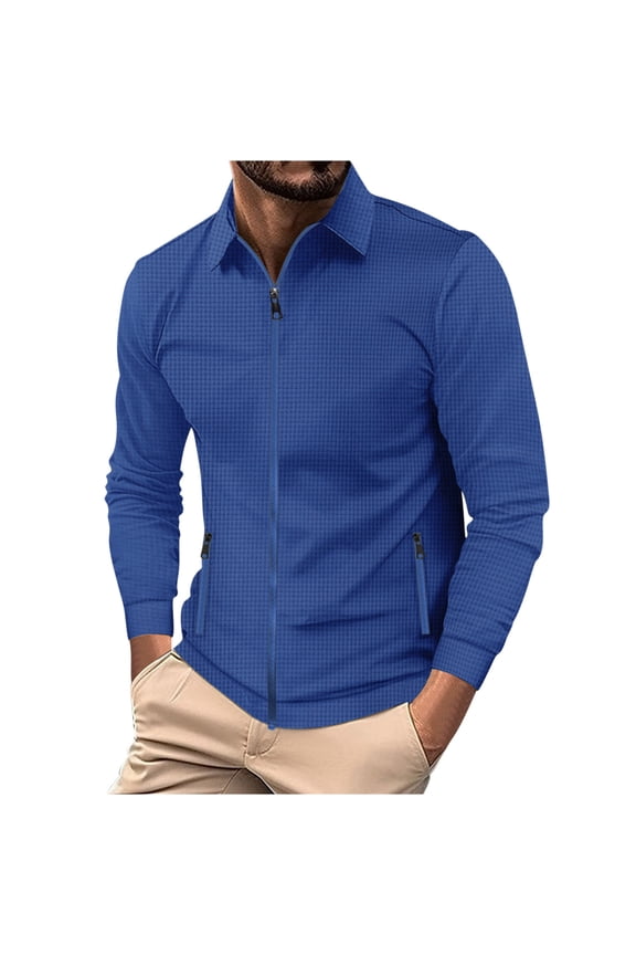 Mens Full Zip up Waffle Jacket Long Sleeve Light Slim Fit Golf Jackets Collared Trendy Causal Varsity Bomber Jackets Blue 3XL