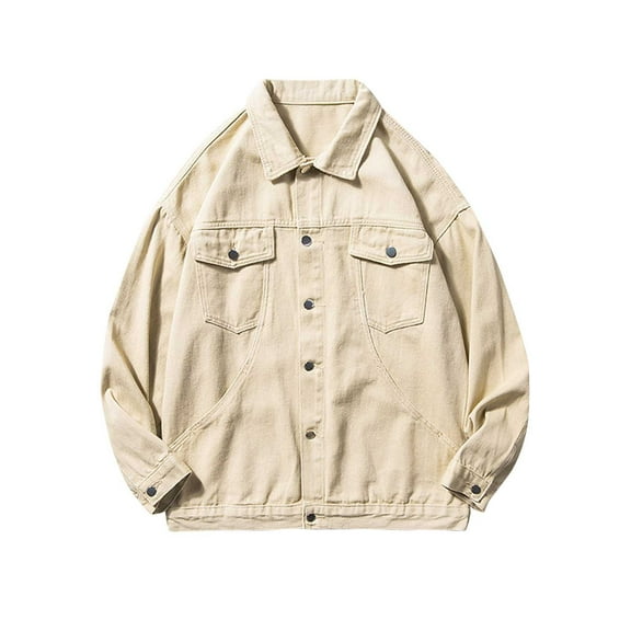 CHEEREAM Mens Jean Jacket Casual Loose Fit Button Down Denim Trucker Jacket Coat with Flap Pockets Khaki L