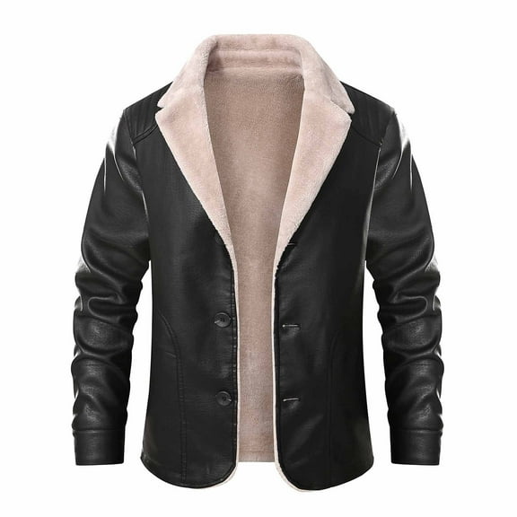 CHEEREAM Mens Leather Jacket 3/4 Length Faux Leather Fur Coat Warm Winter Long PU Leather Jacket Lined Duster Trench Coat Black L