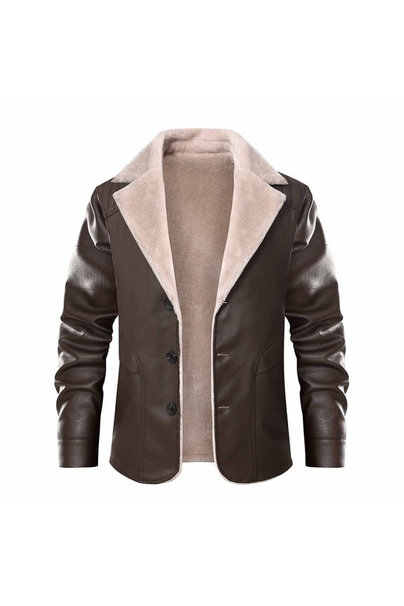 Mens Leather Jacket 3/4 Length Faux Leather Fur Coat Warm Winter Long PU Leather Jacket Lined Duster Trench Coat Brown 3XL