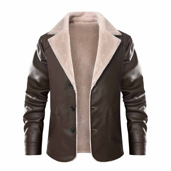 CHEEREAM Mens Leather Jacket 3/4 Length Faux Leather Fur Coat Warm Winter Long PU Leather Jacket Lined Duster Trench Coat Brown M
