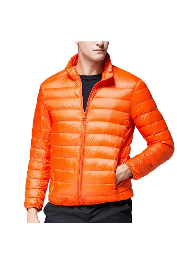 Mens Lightweight Puffer Jackets Warm Puffy Winter Down Jacket Windproof Water Repellent Quilted Coat with Zippered Pockets Orange 3XL