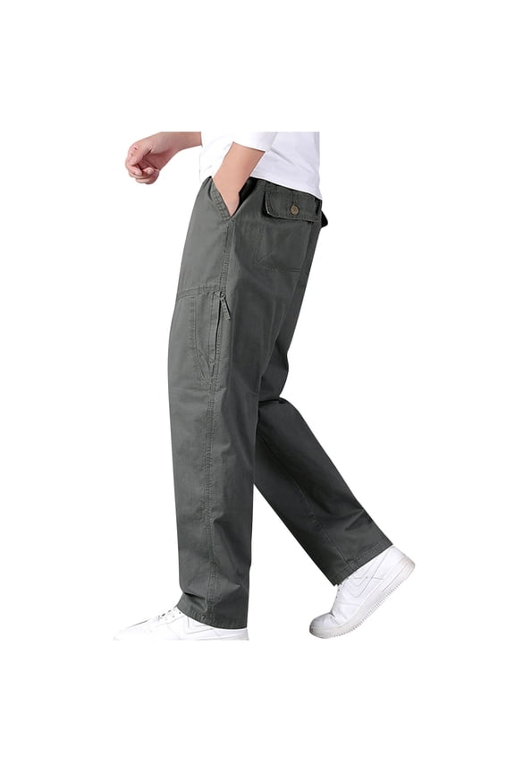 Mens Lightweight Pull On Pants Wide Leg Cargo Pants Casual Relaxed Fit Solid Color Trouser with 6 Pockets Army Green L