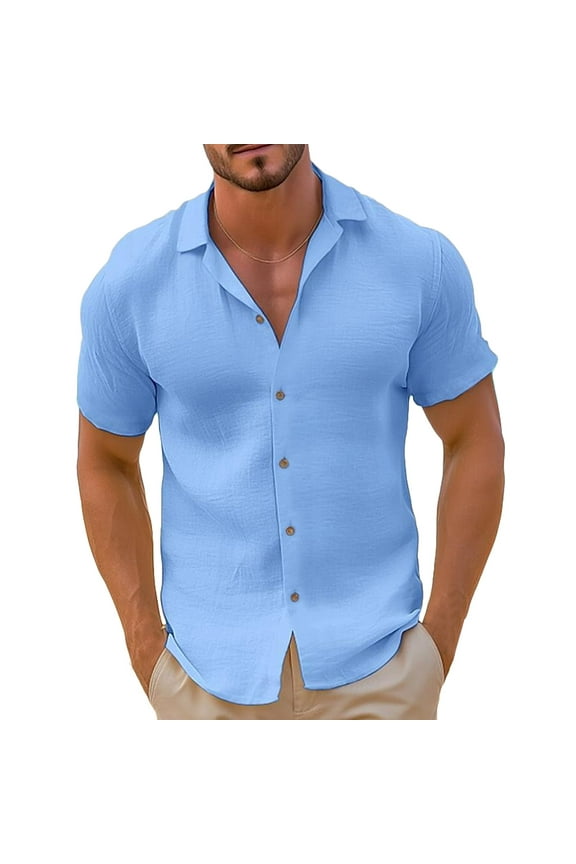 Mens Linen Shirts Short Sleeve Button Down Shirts Cotton Summer Beach Cuban Shirts Vacation Hawaiian Shirts