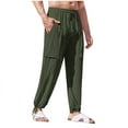 thumbnail image 1 of CHEEREAM Mens Linen Yoga Pants Elastic Waist Drawstring Summer Beach Loose Fit Casual Tapered Trousers with Pockets Army Green XXL, 1 of 5