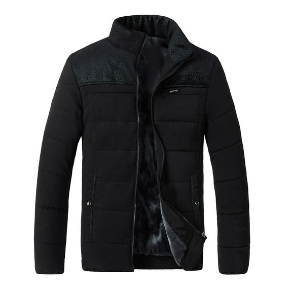 CHEEREAM Mens Quilted Jacket Stand Collar Padded Jacket Heavyweight Fleece Coat Warm Winter Puffer Jacket with Pockets Black L