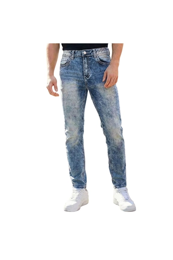Mens Ripped Jeans Stretchy Skinny Slim Pleated Biker Denim Pants Fashion Distressed Washed Fold Streetwear Trousers