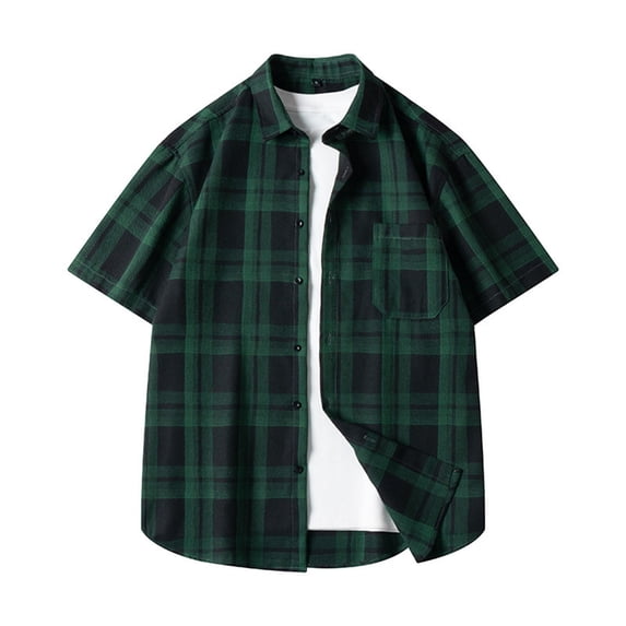 CHEEREAM Mens Short Sleeve Button Down Shirt Plaid Button Up Shirts Casual Summer Work Beach Shirts Green 3XL