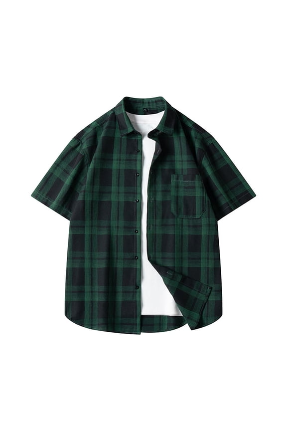 Mens Short Sleeve Button Down Shirt Plaid Button Up Shirts Casual Summer Work Beach Shirts Green 4XL