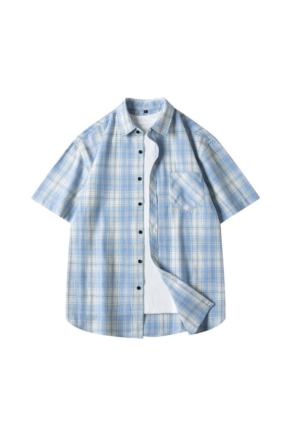 Mens Short Sleeve Button Down Shirt Plaid Button Up Shirts Casual Summer Work Beach Shirts Light Blue L